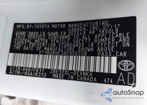 2017 Toyota Corolla Le z USA, uszkodzony, nr VIN 2T1BURHE3HC950338